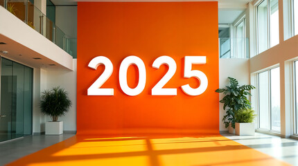 bright room with wall white 2025 numerals