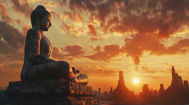Buddhist ruins and statue in Sukhothai sunset.