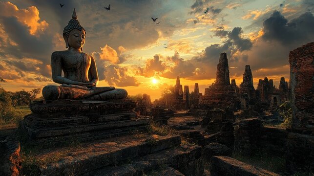 Sukhothai's Buddha statue and ruins at dusk.