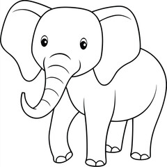  Cute Cartoon Illustration of a Friendly Elephant with Smiling Expression, Simple Line Art Drawing in Black and White, Adorable Animal Character Design