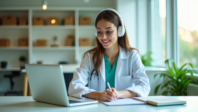 female medical professional uses a laptop writes notes during a virtual consultation.