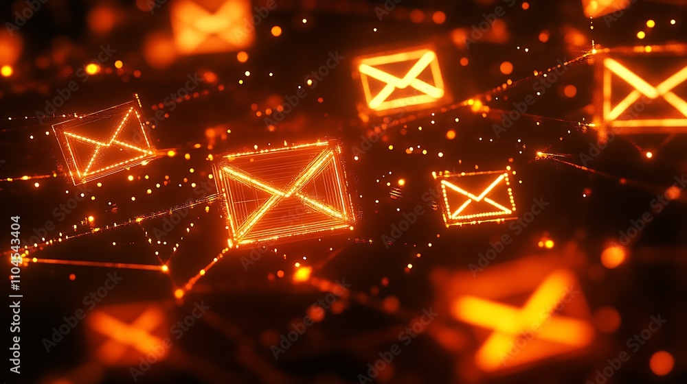Aufkleber futuristic digital email network connections with glowing envelopes in orange hues : generative ai