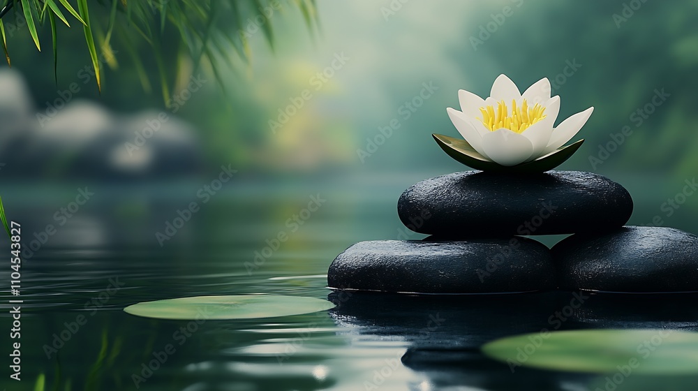 Poster Serenity and Balance with Water Lily and Stones in a Tranquil Zen Setting : Generative AI