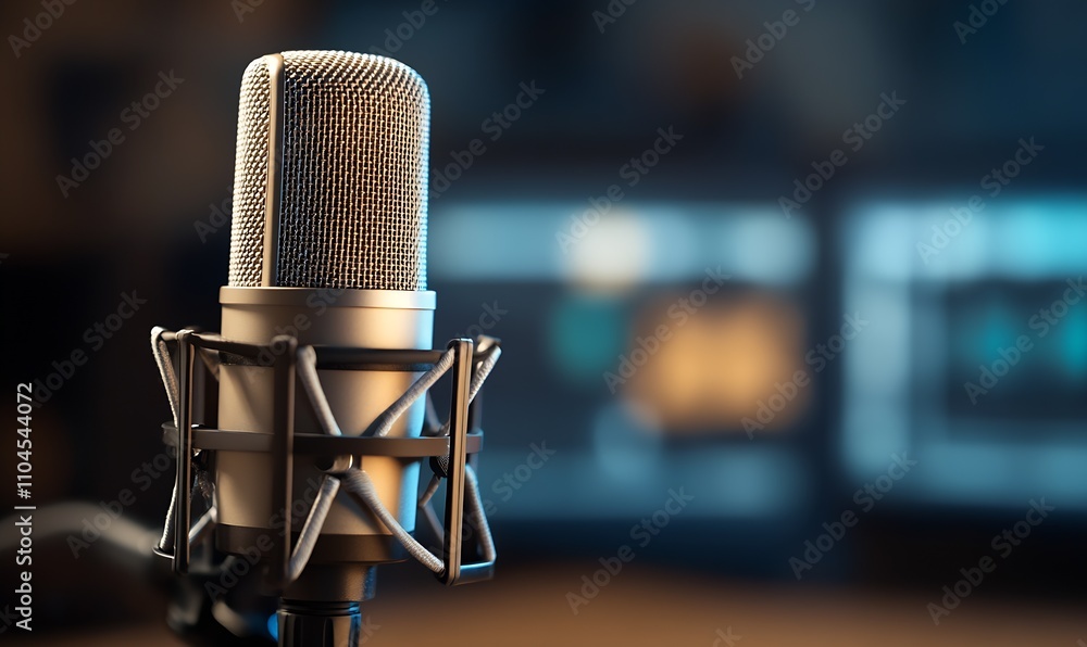 Poster Professional Studio Microphone with Blurred Background for Podcasts and Recording : Generative AI