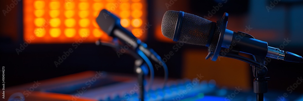 Poster professional podcast recording microphones in modern studio with warm ambient lighting : generative 