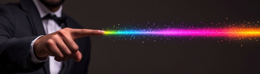 Fototapeta premium Magic Touch Spectrum, a man's hand in a suit creates vibrant rainbow sparkles in a dark space.