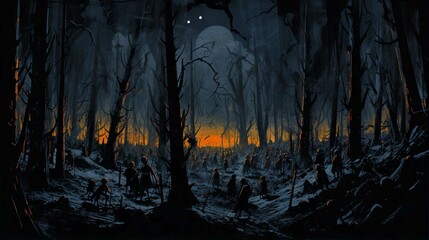 Obraz premium Majestic Sunset Sky Over Snowy Forest Trees at Dusk