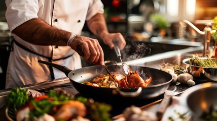 Professional chef meticulously plating a gourmet dish in a modern kitchen
