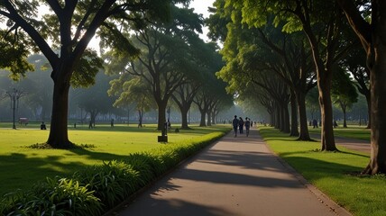 Fototapeta premium Sunlit park path with people walking.