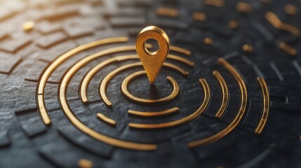 Golden location pin, black textured surface, circular patterns, beacon of navigation, modern design, abstract concept.