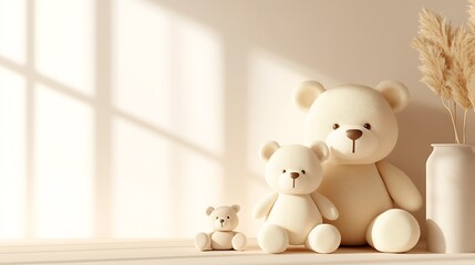 Charming Arrangement of Teddy Bears with Pampas Grass in Cozy Sunlit Room : Generative AI