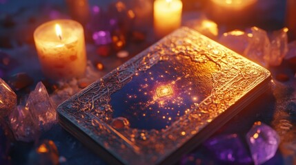 Close-up of a tarot card featuring a detailed illustration, surrounded by crystals and candles, captured in a studio with warm, moody lighting.