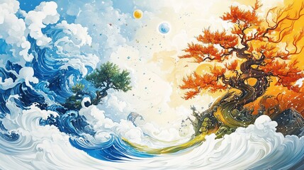 Surreal Earth Day mural depicting rivers flowing upwards and trees reaching into constellations in a dreamlike landscape