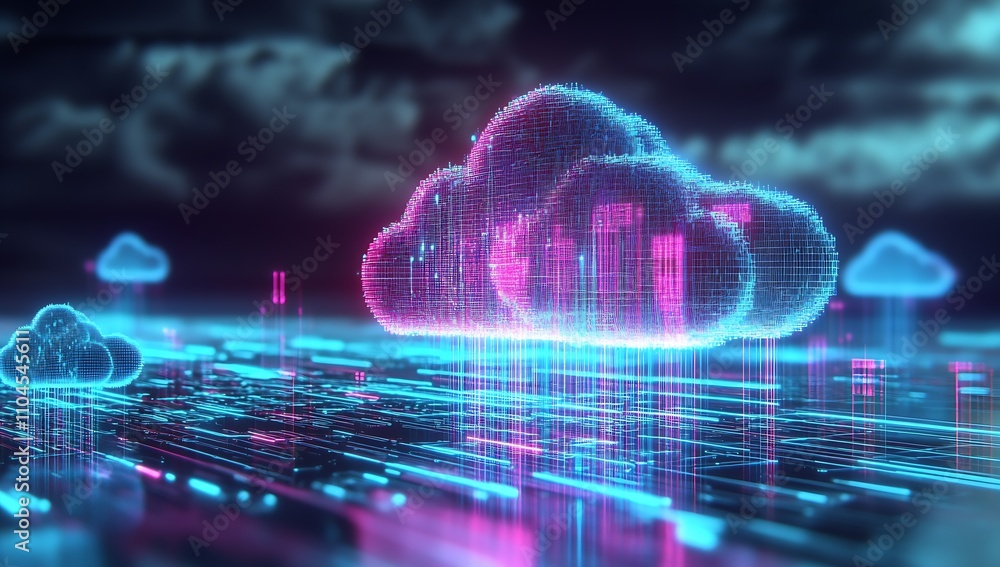 Poster Digital Cloud with Neon Effects and Futuristic Cyber Network : Generative AI