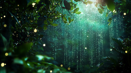 serene jungle scene with cascading light and lush greenery, evoking tranquility and wonder. atmosphere is magical and enchanting, perfect for nature lovers