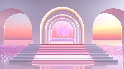 A surreal sci-fi staircase leading into a virtual world, holographic elements float in the air, surrounded by neon hues and sleek, minimalistic design