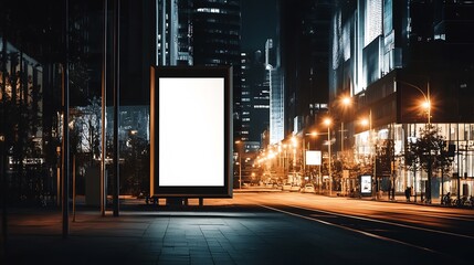 Luminous blank billboard in night urban landscape with illuminated streets reflecting on towering city skyscrapers : Generative AI
