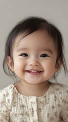 Charming smiling portrait of joyful Indonesian baby girl on clean and simple backdrop