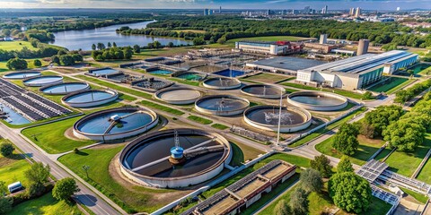 Aerial view of sewage treatment plant near downtown, sewage treatment, plant, aerial view, urban