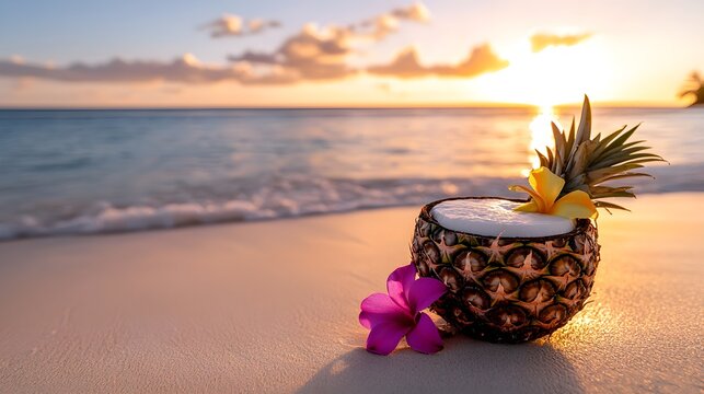 A vibrant beach scene with a pineapple served in a coconut, colorful tropical flowers, and soft sands under a radiant sunset sky, exotic vacation vibes