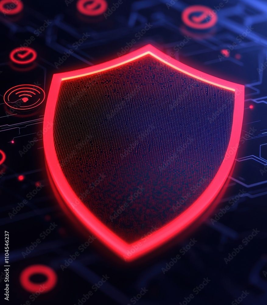 Poster protection against hacking and cyber attacks concept. a glowing red shield symbol on a dark, tech-in