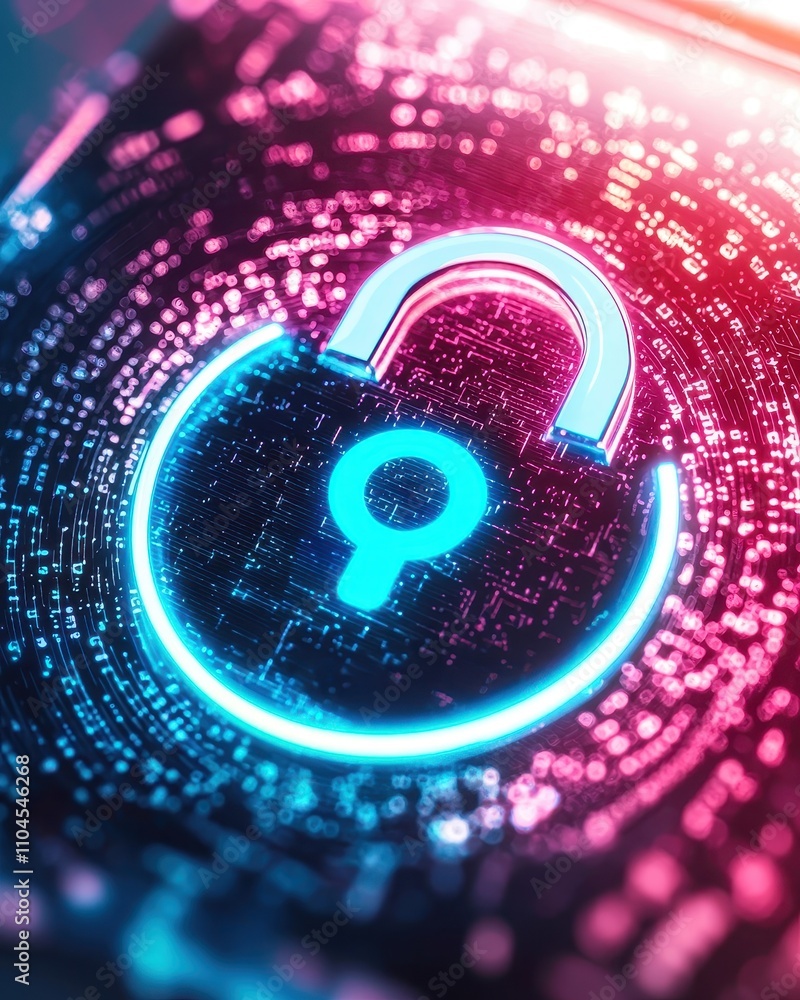 Poster protection against hacking and cyber attacks concept. a digital lock symbol glowing in blue and pink