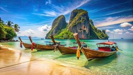 Tropical paradise beach in Thailand with traditional longtail boats, Thailand, tropical, island, beach, travel