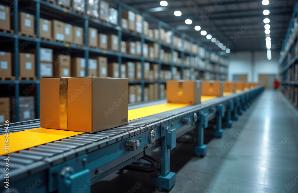 Leinwandbilder automated conveyor system carries cardboard boxes in warehouse. boxes move smoothly along industrial