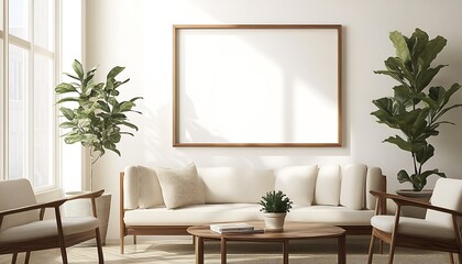 Bright Scandinavian Living Room with Large Frame and Indoor Plant Arrangement : Generative AI