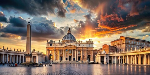 Fototapeta na wymiar St. Peter's Square in Rome with dramatic sky background, Vatican, Italy, landmark, architecture, Catholic, church, tourism