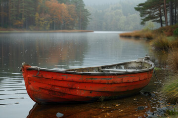 Obraz premium a red wooden boat standing in shallow water near the shore of a calm lake. 