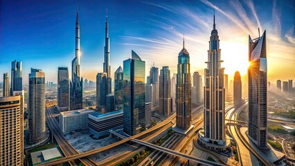Obraz premium Panoramic view of futuristic skyline in Downtown Dubai, UAE , Dubai, skyline, futuristic, panoramic, view, cityscape
