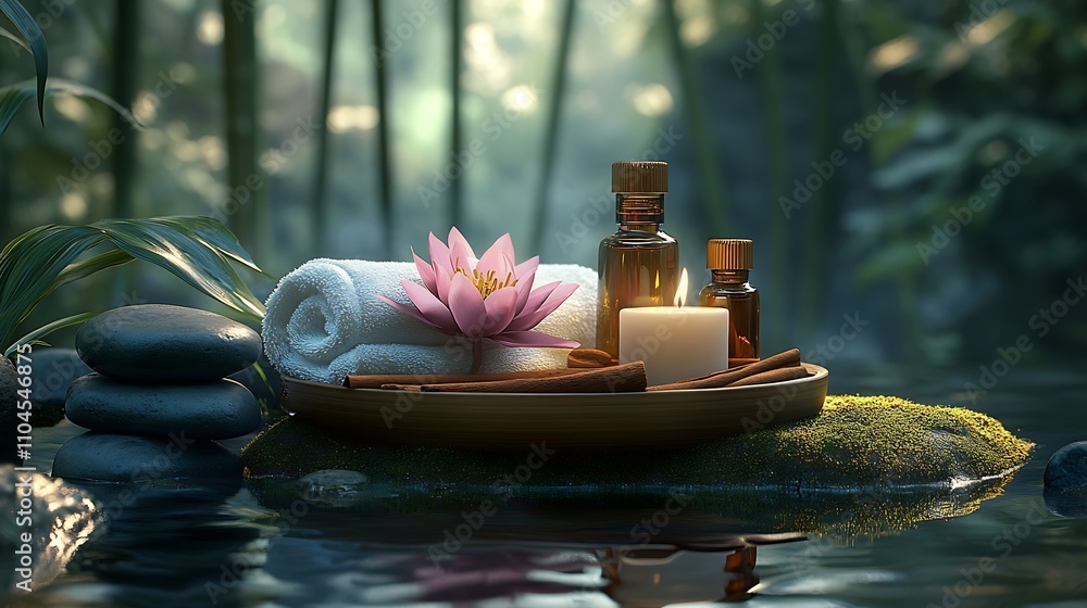Poster tranquil spa setting with aromatherapy products and candlelit ambiance in lush environment : generat