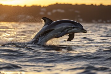 Playful dolphin leaping gracefully out of the water at sunset, surrounded by sparkling waves and a serene coastal backdrop