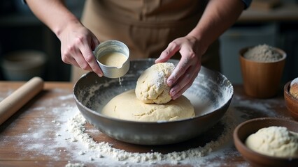The image shows a person's hands kneading dough in a large metal bowl on a wooden table. The person is wearing a beige apron and is holding a small metal measuring cup with a spoon in it.