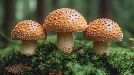 Three orange mushrooms with white spots growing on moss in a forest.
