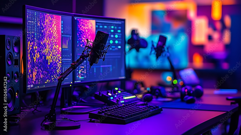 Poster vibrant studio environment highlighting advanced audio equipment and dual screens : generative ai