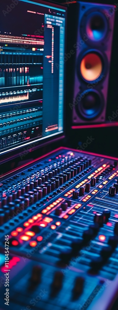 Poster advanced digital audio workstation in neon lit studio for professional sound engineering and mixing 