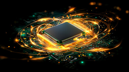 glowing AI chip surrounded by dynamic light trails and circuitry, symbolizing technology and innovation