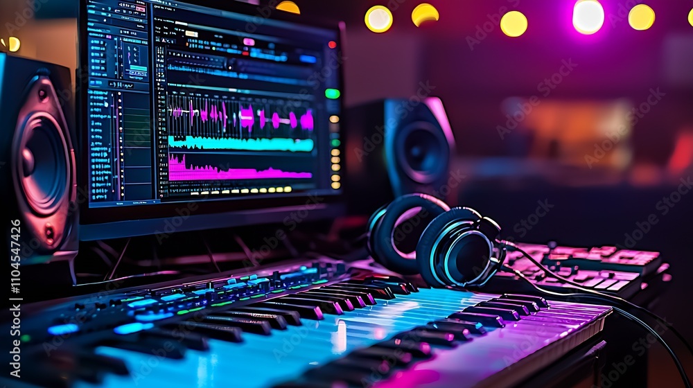 Aufkleber vibrant sound studio with keyboard and headphones for sound engineering creativity : generative ai