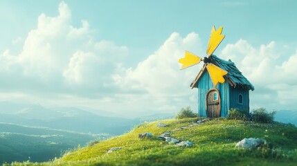 Wooden windmill on a hilltop gently turning its blades with clear blue sky and rolling green hills on Earth Day