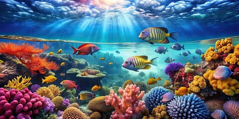 Naklejka premium Underwater scene with colorful coral reefs and tropical fish swimming in crystal clear water, underwater, ocean