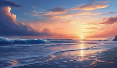 Obraz premium painting of a sunset on a beach with wave background