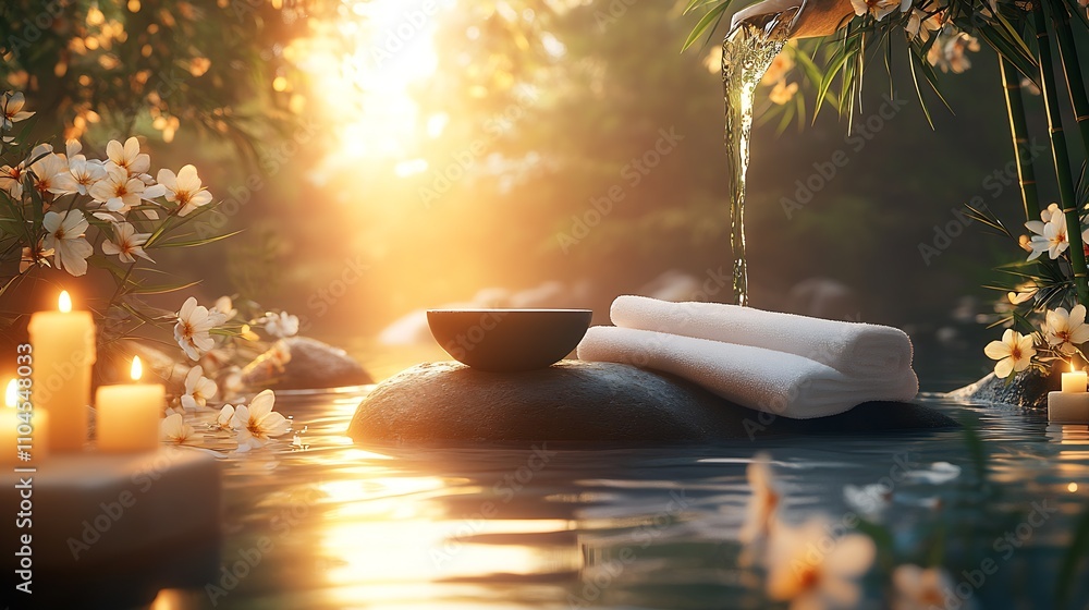Poster tranquil spa retreat with candlelit ambiance by flowing stream : generative ai