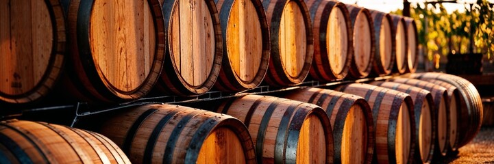 Rustic wooden barrels line up beautifully under golden sunset light.