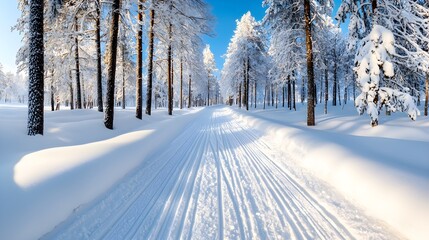 Obraz premium A quiet forest road covered in fresh snow, with tall evergreen trees lining the path, creating a pristine, peaceful winter wonderland scene