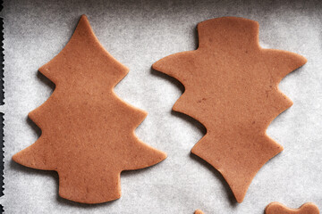 Tree shapes cut out from raw pastry dough on a sheet of baking paper - preparation of gingerbread Christmas cookies