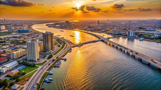 Aerial view of Lagos waterside buildings and roads during sunset, Lagos, Nigeria, cityscape, waterfront, buildings, sunset