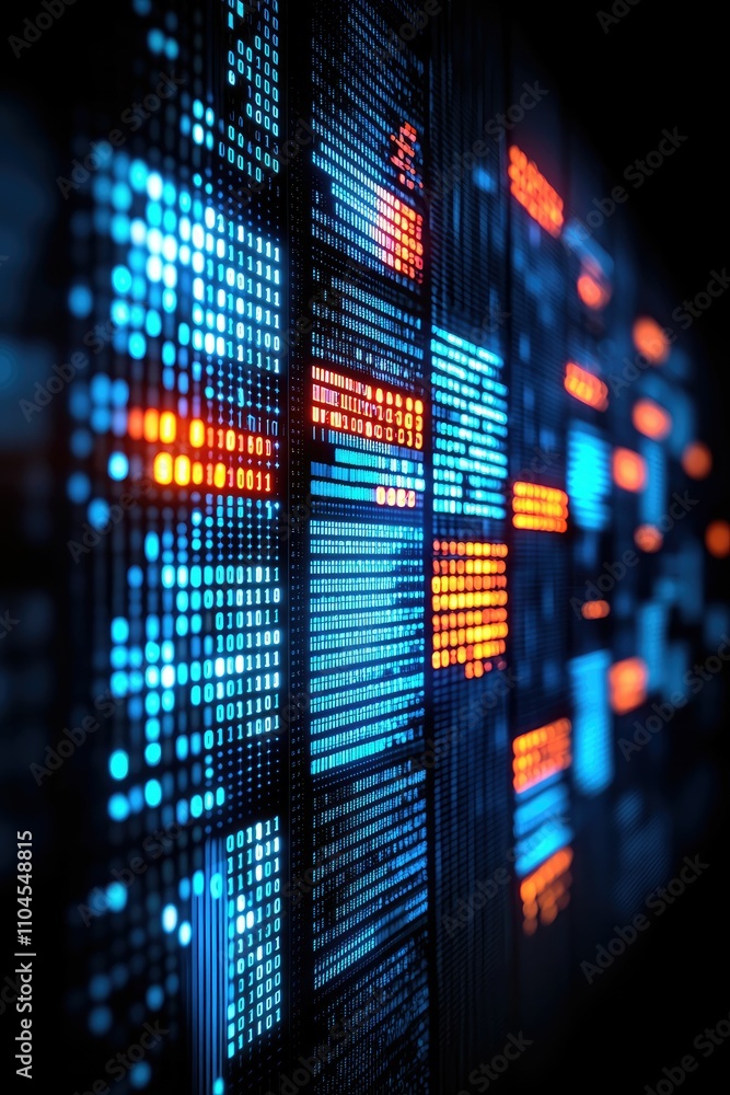 Wall mural abstract digital data stream visualization with glowing blue and orange lines and squares.