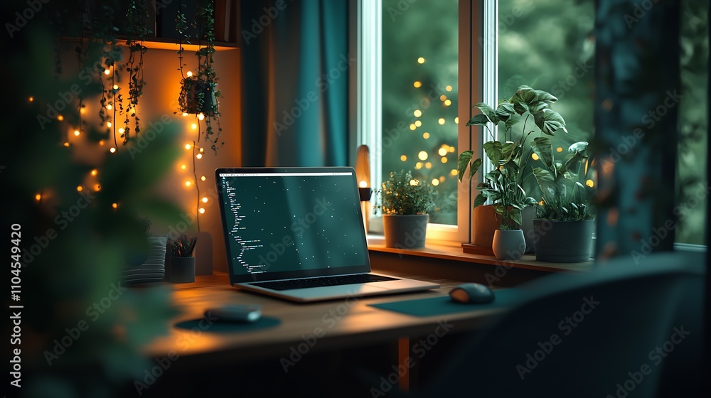 Poster home office desk setup with laptop code on screen and cozy ambient lighting : generative ai